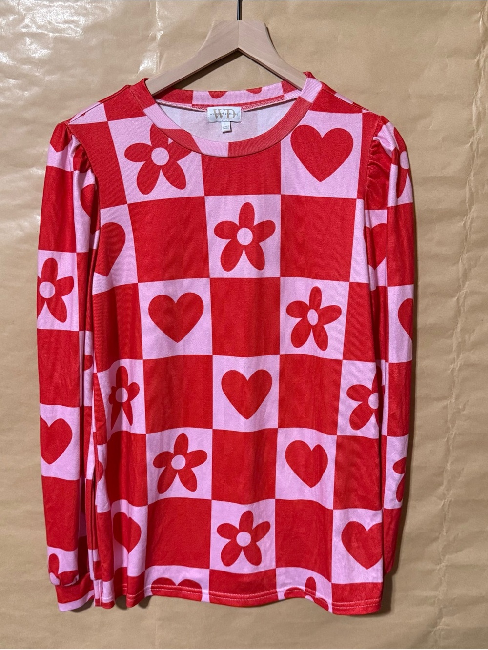 Whiskey Darling Heart Daisy Checkered Long Sleeve Top Pink Red L